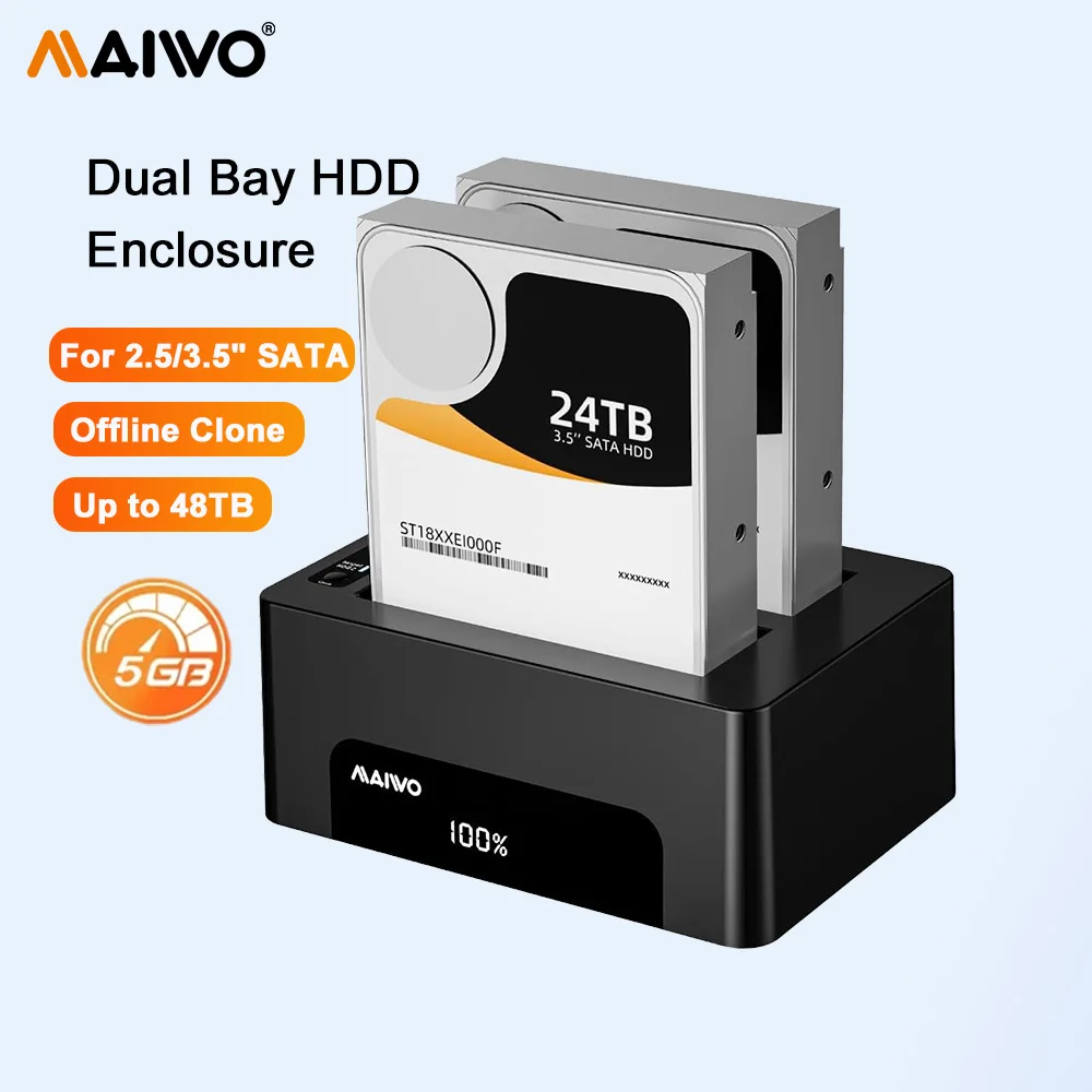 MAIWO Dual Bay Hard Drive Enclosure for 2.5/3.5 Inch SATA SSD/HDD with Offline Clone, 5Gbps USB 3.0 to SATA Adapter, Up to 48TB