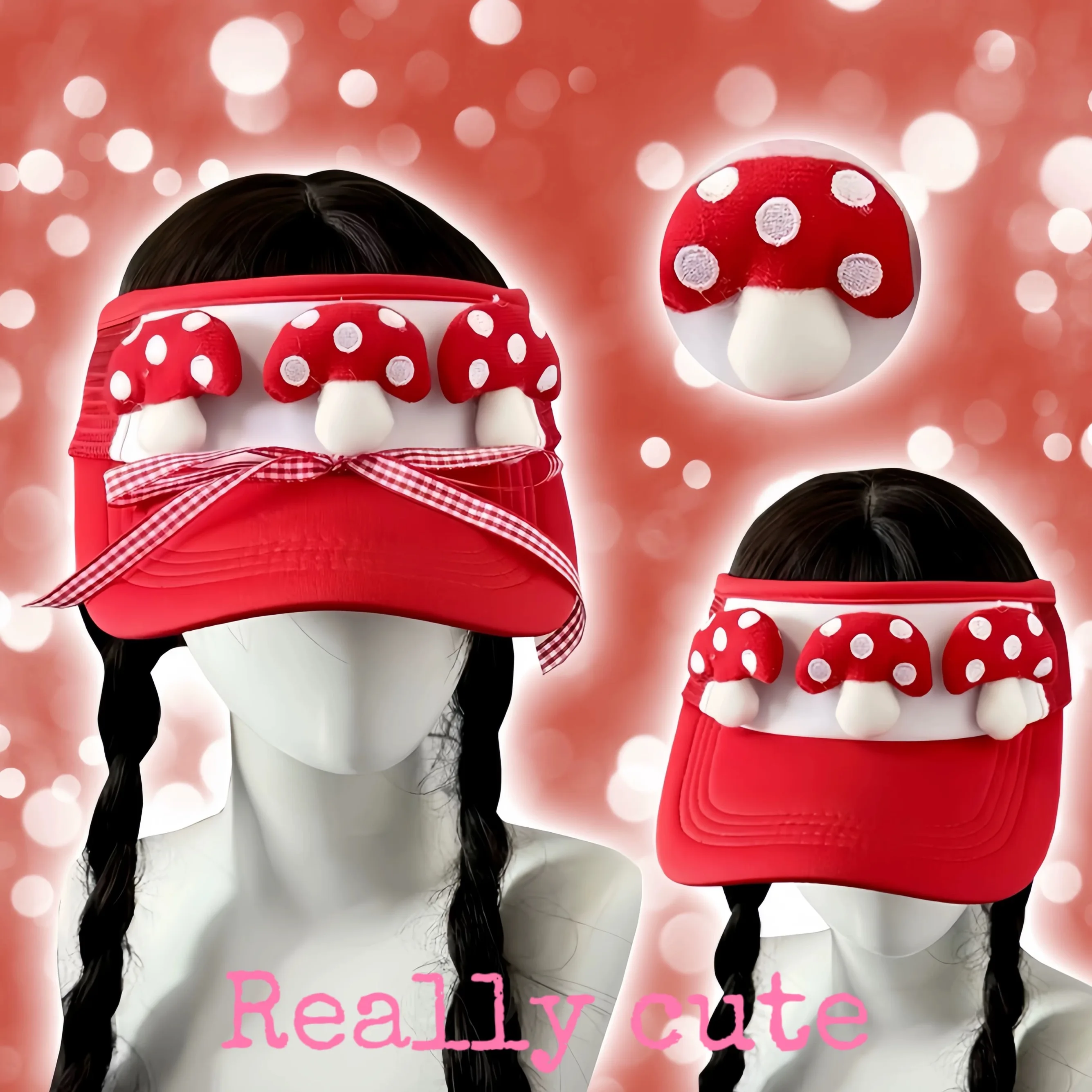 

Красная летняя шляпа от солнца с 3D грибным бантом для женщин Y2k Стиль Пустой верх Бейсбольные кепки с большими полями Солнцезащитные козырьки Спортивные кепки для бега на открытом воздухе