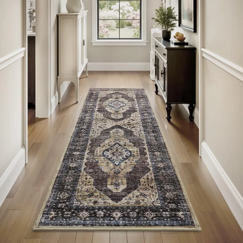 Bohemian Style Runner Rug Retro Light Luxury Corridor Carpet Machine Washable Foldable Non-slip Bedroom Bedside Mats Alfombra 러그