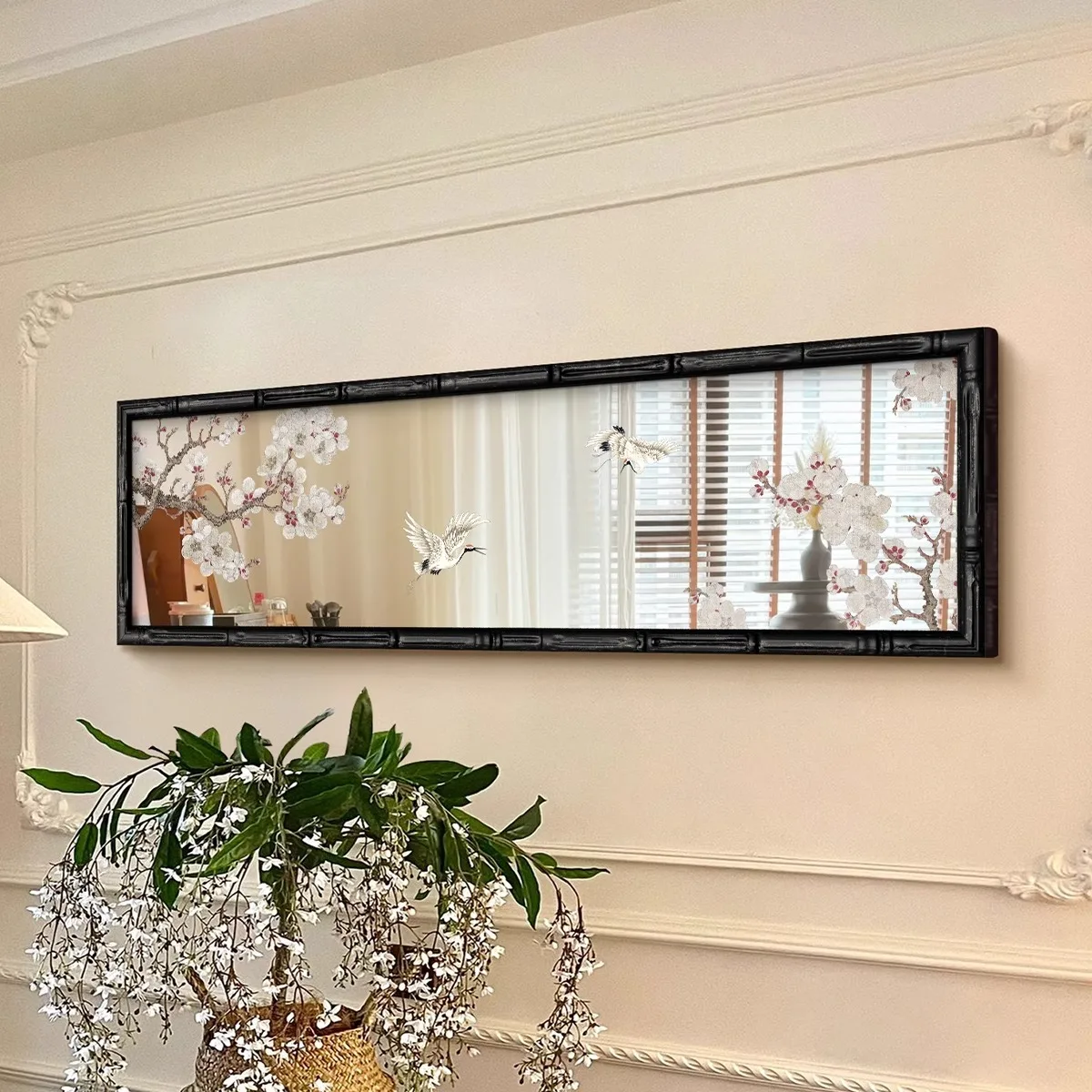 

Solid wood horizontal flower and bird mirror decorative painting bedroom dining room living room hanging painting mural