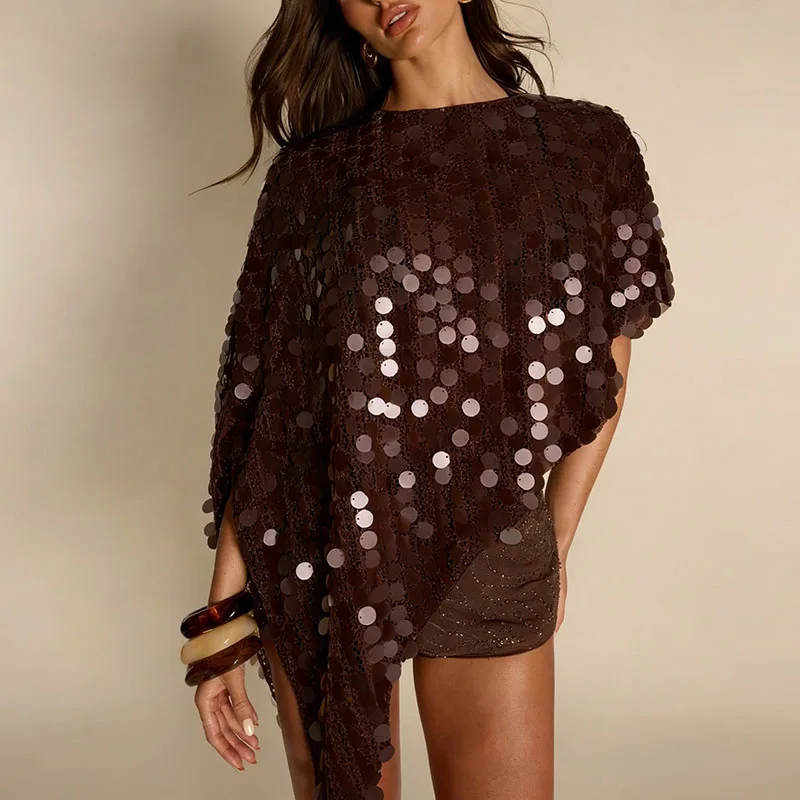 

Short Sleeved Knitted Summer Beach Top O-neck Loose 2026 Casual Female Blouses Tees Fashion Shiny Sequin Irregular Women T-shirt