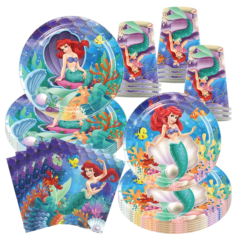 Disney The Little Mermaid Birthday Decorations Tablecloth Tableware Set Birthday Gift Box Ariel Balloons Party Supplies For Kids