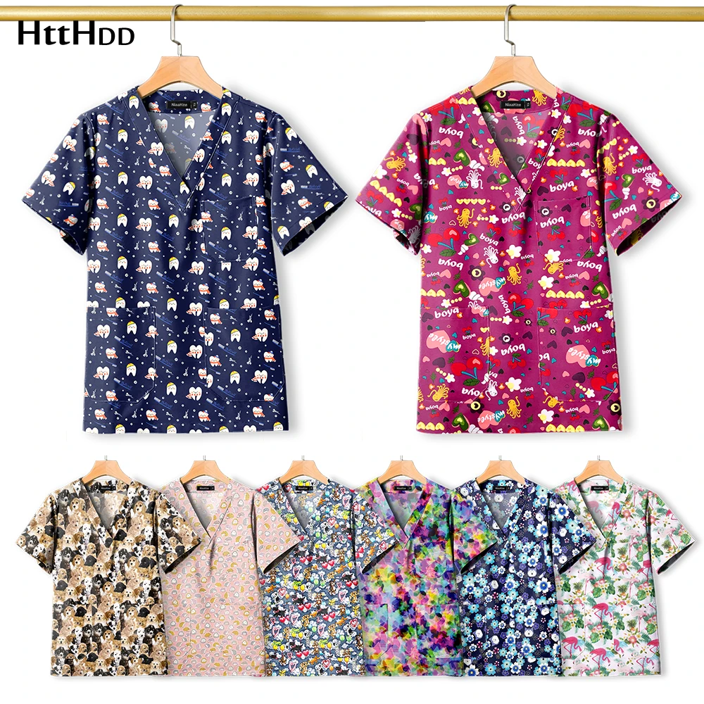 Wholesale Hospital Nursing Scrubs Tops Shirts Cotton Dentistry Doctor Blouse Medical Surgical Uniforms Multicolor Printed Scrubs