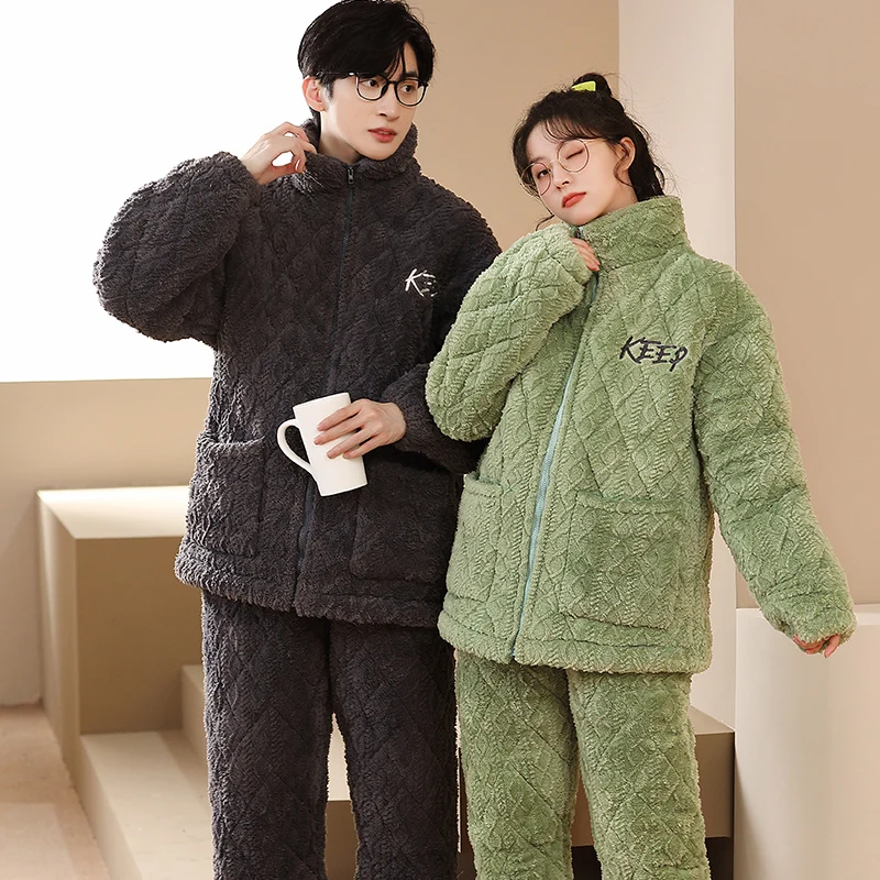 

Newest Winter Warm Thick Couple Sleepwear Casual Pajama Sets 3 Layers Cotton Pijama Male Female Pajama