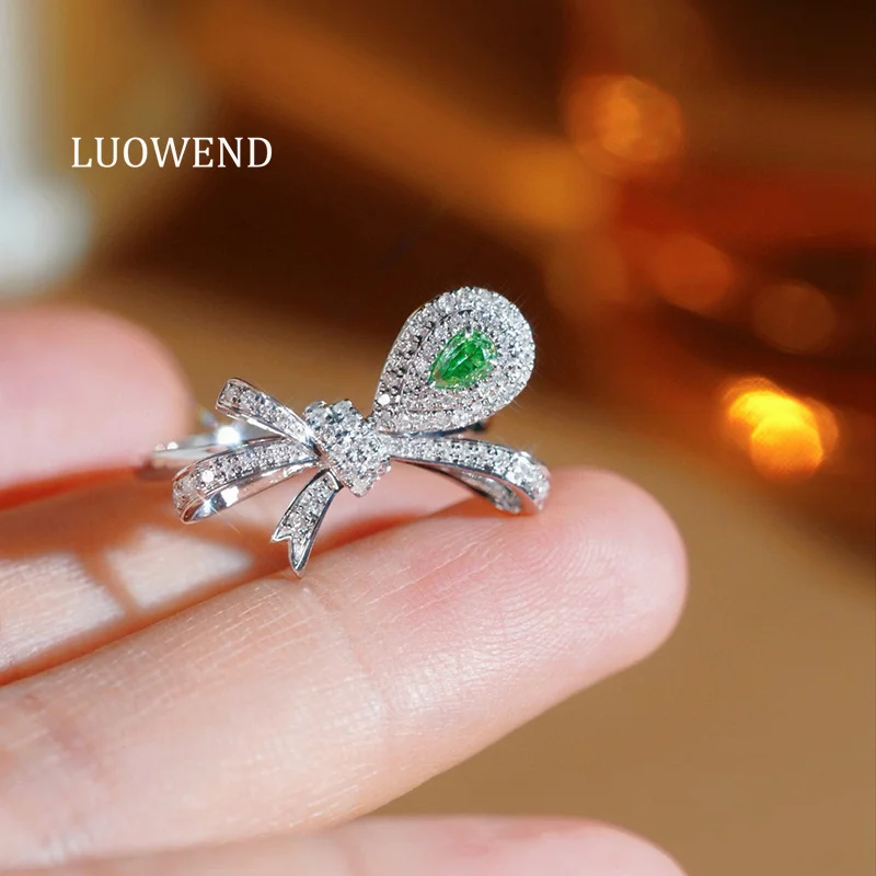 

Кольца LUOWEND из 100% белого золота 18 карат, женское кольцо из настоящего желтого или зеленого бриллианта, нежное кольцо в форме банта, ювелирные изделия для помолвки