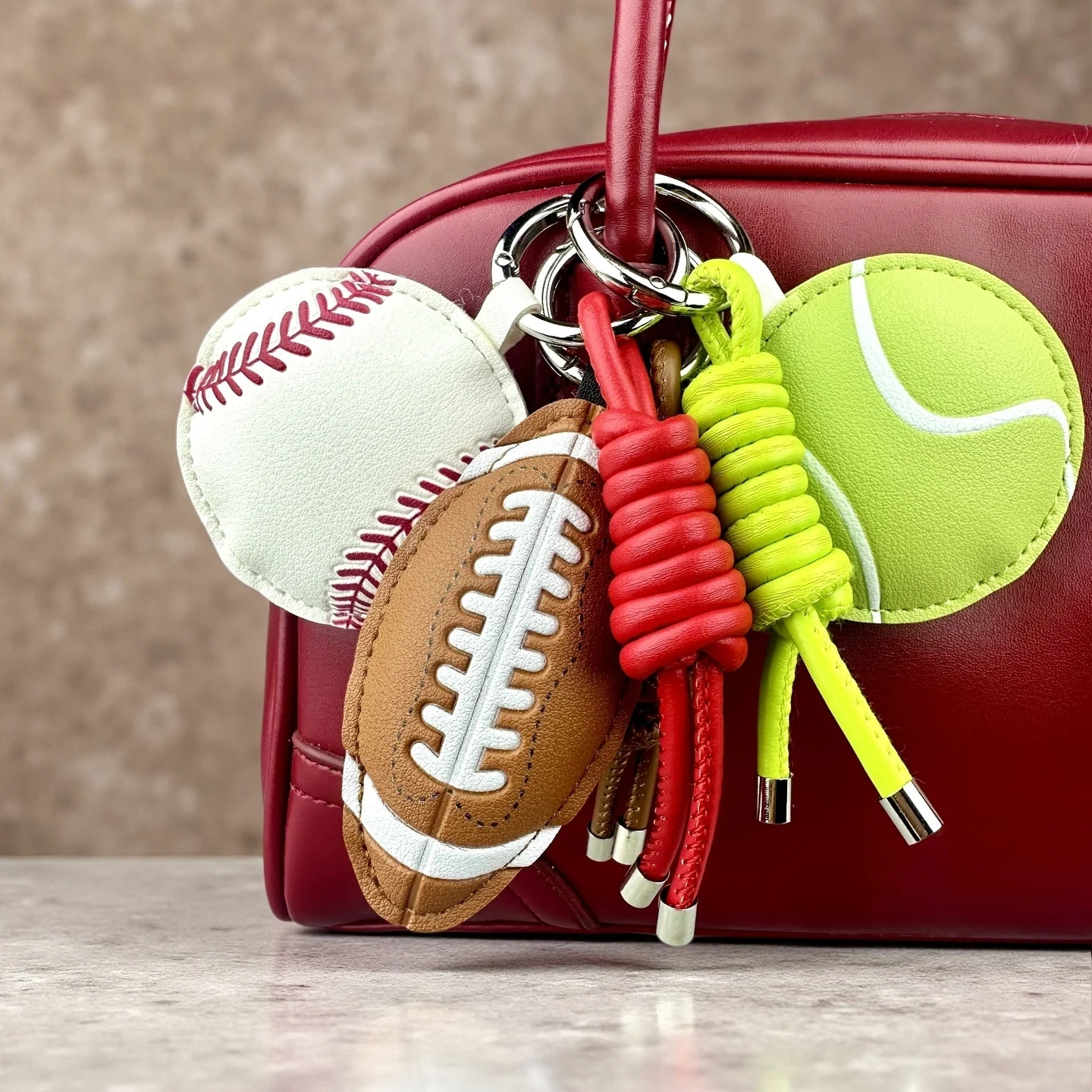 PU Leather Sports Ball Keychain Set-Rugby, Tennis & Baseball Pendants, Street Boho Style Gift For Sport Lovers,Perfect Bag Decor