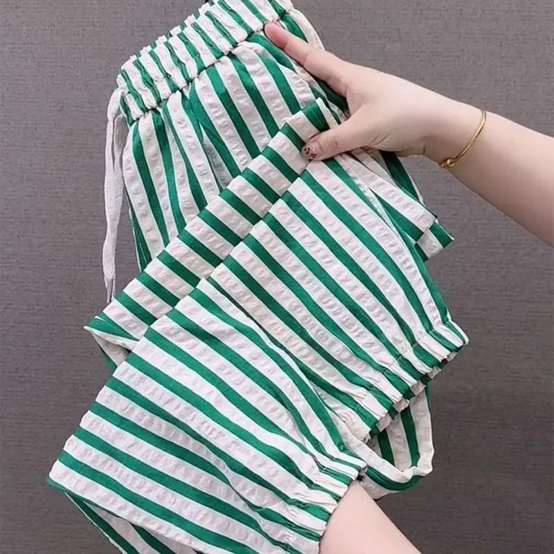 2026 New Summer Fashion Casual Striped Pants Women Korean Elastic High Waist Ankle-length Pants Thin Quick-drying Pantalons