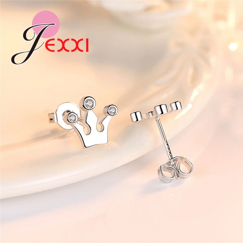 Glamour Vintage Lady 925 Sterling Silver  Pure Zircon Crown Styling Stud Earrings Jewelry Christmas Women