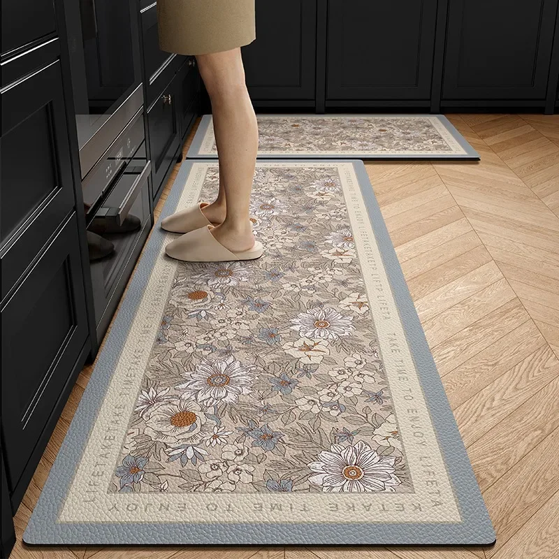 

PVC Kitchen Floor Mat Leather Waterproof Non-slip Foot Mats Long Carpet Flower Plant Flowers Pastoral Style Home Decoration Rug