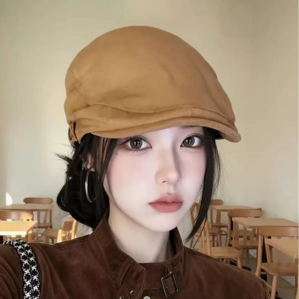 Suede Vintage Beret Hat 55cm to 59cm Adjustable Size Retro Newsboy Cap Face Slimming Feature Earflap Cap Artistic Hat