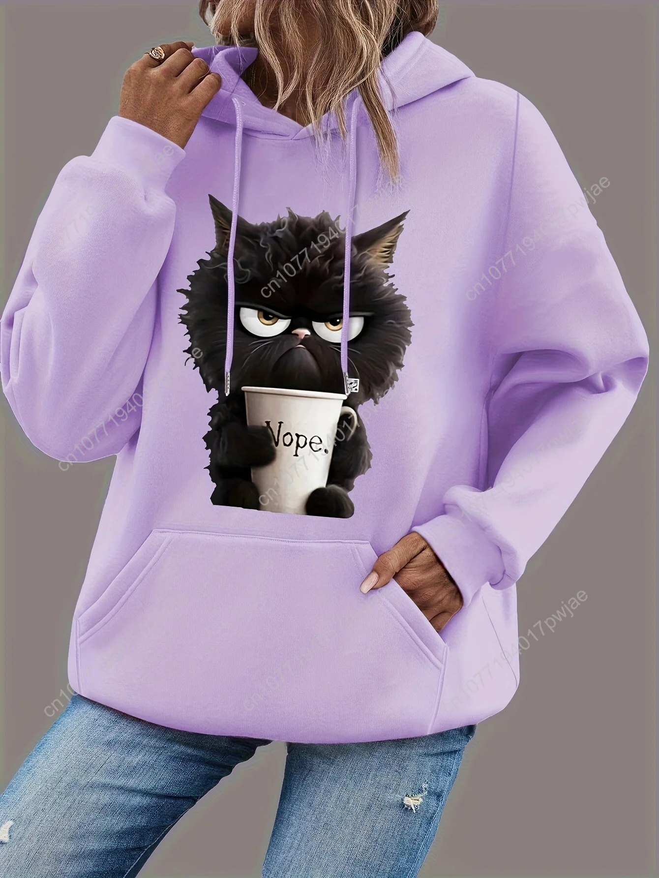 Sudadera con capucha de manga larga con estampado de gato, sudadera con capucha informal con cordón, ropa de mujer