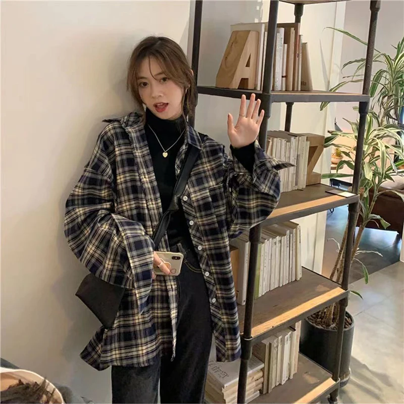 Zoki Women Vintage Plaid Shirt Bf Oversized Korean Loose All Match Long Sleeve Shirts Harajuku Spring Summer Casual Tops 3Xl