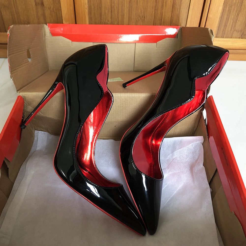 Veowalk Wave Cut Women Pointed Toe Stiletto Pumps Fashion Design Red Inside Slip On 12cm High Heel Shoes Glossy Nude Black White