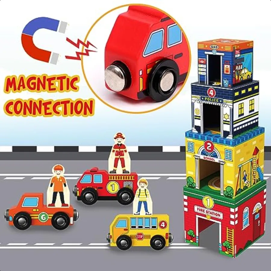 ألعاب فرز وتراص للأطفال الصغار من Atoylink مع سيارات خشبية مغناطيسية، مساعدات المجتمع، كتل أرقام الطفل، صناديق التعشيش لمرحلة ما قبل المدرسة