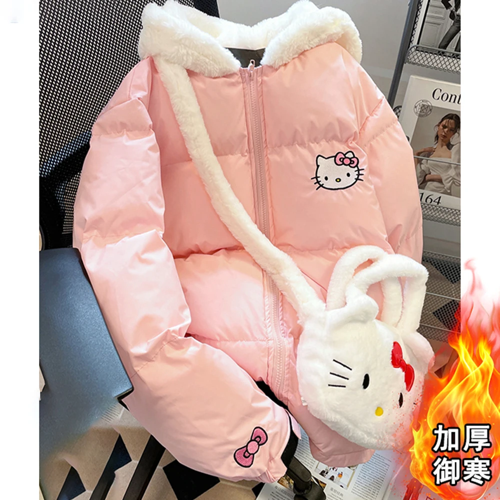 

Cute Hello Kitty Winter Down Jacket Sanrio Anime Cartoon Thicken Cotton Clothes Hooded Coat Loose Warm Sweet Girls Tops with Bag