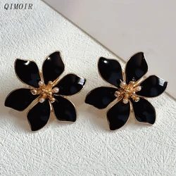 Metal Flower Enamel Petal Post Earrings For Women Elegant Fashion Jewelry Fancy Party Accessories Classic Timeless Styles C1625