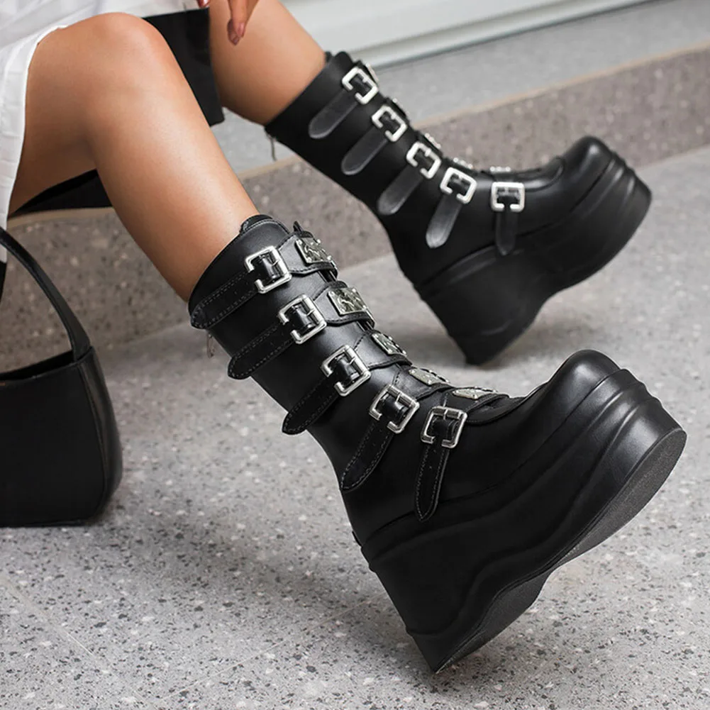 

Plus Size 44 High Heeled Women Boots Buckle Thick Bottom Zipper Platform Shoes For Woman Punk Gothic Casual Motorcycle Boots