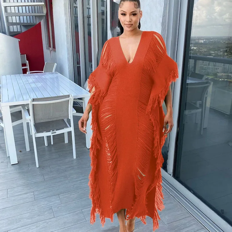 Sexy Crochet Knitted Hole Tassel Party Long Dress Fall Outfits Women Nightclub Loose Straight Sheer Maxi Dresses Tunics Vestidos