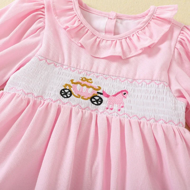 2023 Spring New Baby Smocked Baby Clothes Girls Pink Long Sleeve Dress Embroidery Flower Print Kids Cute Floral Princess Dresses