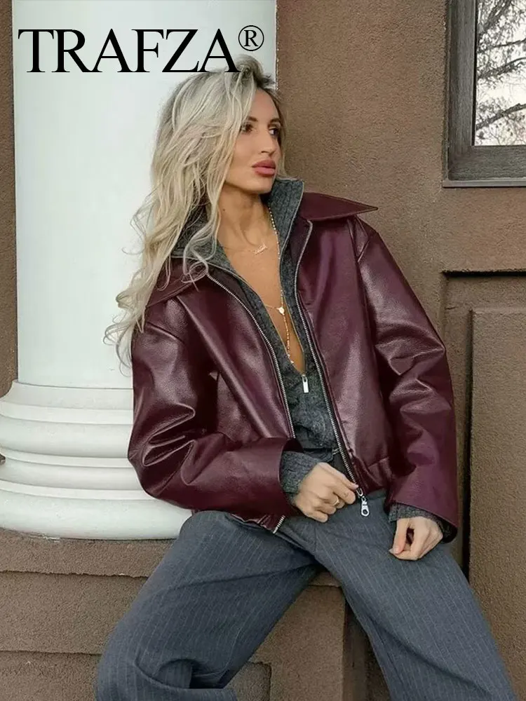 TRAFZA Street Pu Leather Women\'s Jacket Vintage Fashion Zipper Long Sleeve Female Coat 2024 Autumn Turn-Down Collar Lady Outwear