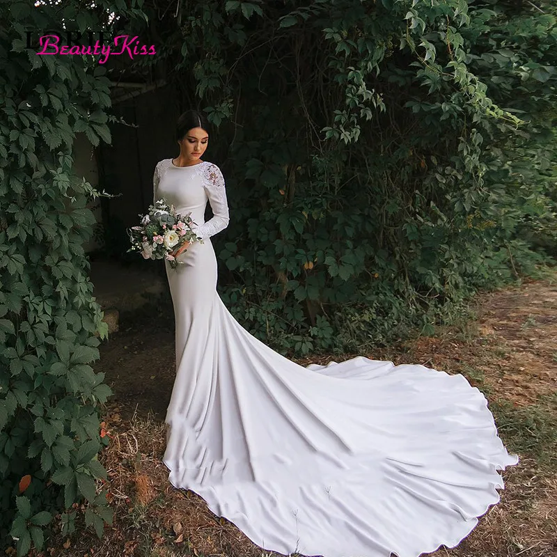 فساتين زفاف حورية البحر من الساتان الناعم بأكمام طويلة مزينة بالدانتيل فستان زفاف مغلق من الخلف رداء حفلات الزفاف الإسلامية 2026 #2