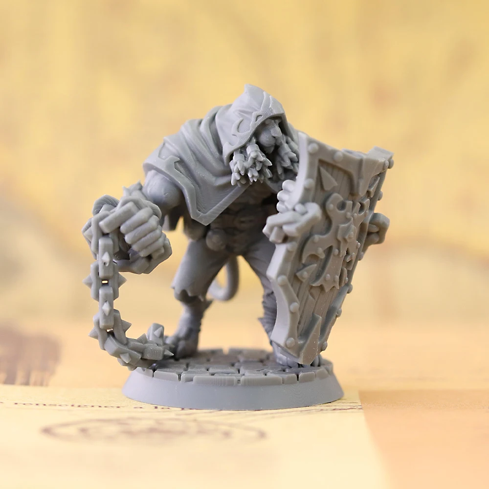 Tabaxi Warrior with Shield and Flail Miniature Unpainted Resin Model, DND Tabletop RPG Wargame Fantasy Figure