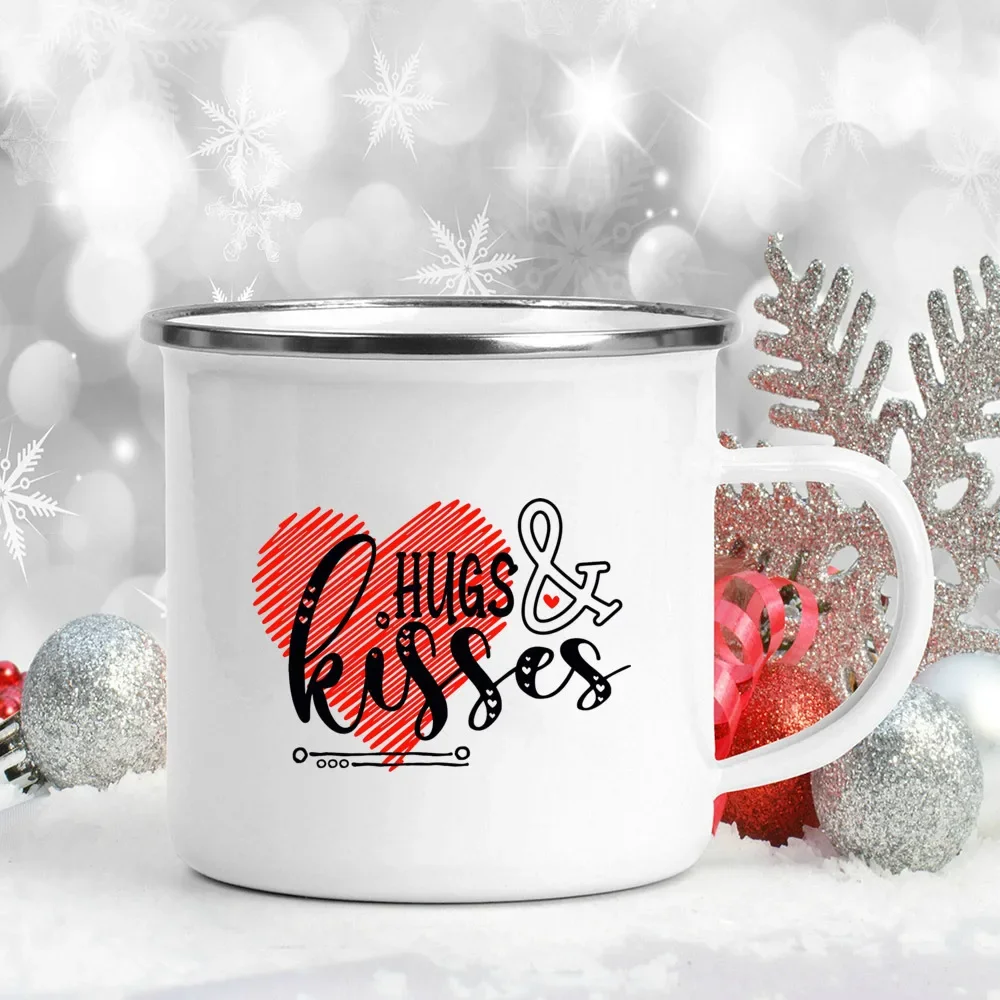 Love Heart Printed Camping Mug Valentine Party Juice Milk Cup Coffee Cups  Enamel Mugs Valentine\'s Day Gifts for Family Friends