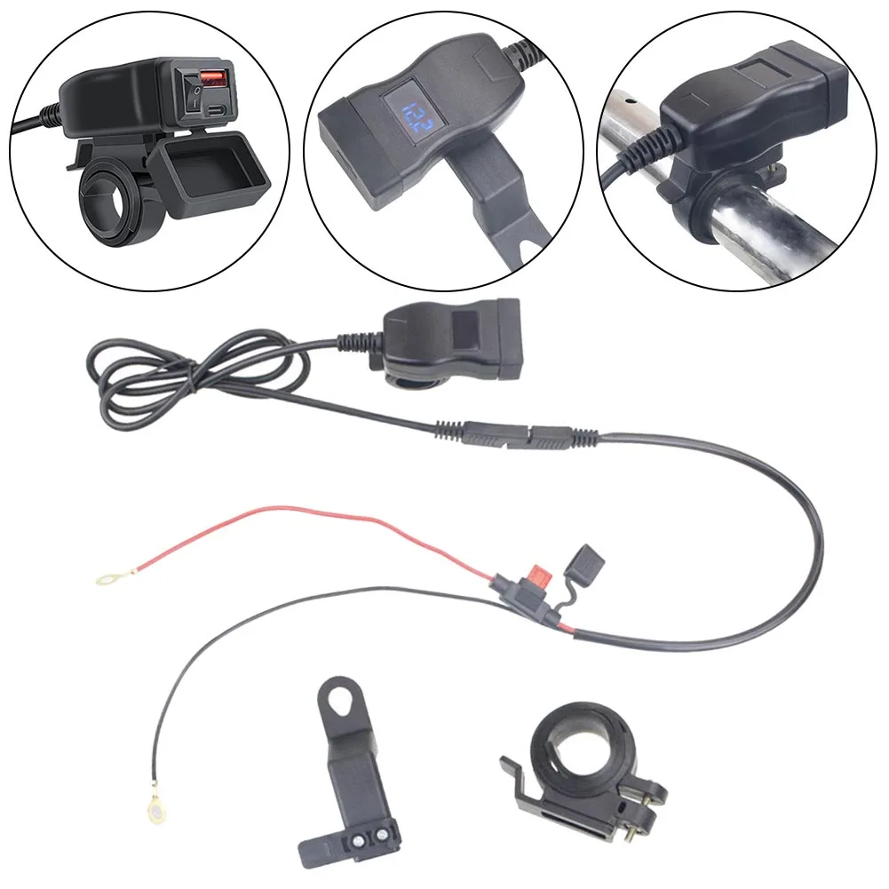 Cargador USB + PD para motocicleta, adaptador de enchufe impermeable de 12V con voltímetro, voltímetro móvil, cargador celular de carga Digital