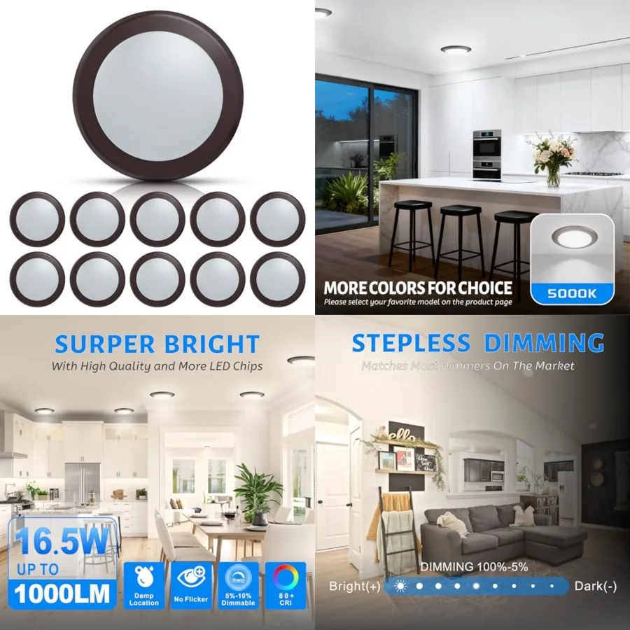 

5/6 Inch Dimmable LED Disk Downlight, 16.5W, 1000Lm,,Low Profile Surface Mount Ceiling Light for Hallway, Office, Closet, ETL L