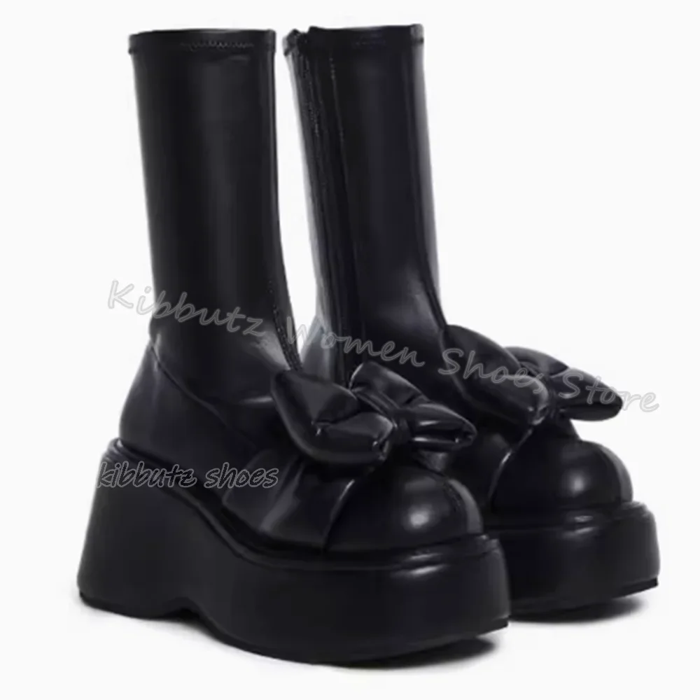 

Bows Ankle Boots Platform Genuine Leather Solid Color Slip-On Fashion Elegant Sexy Concise Shoes New Round Toe Height Increasing