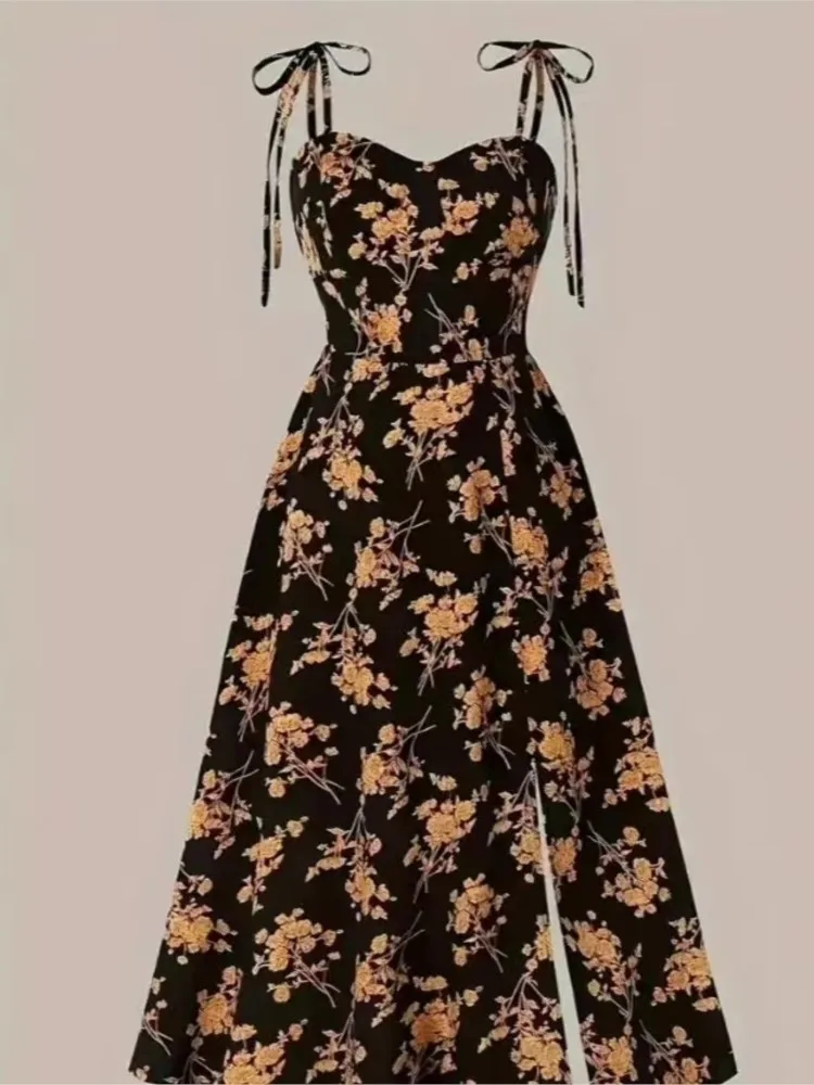 فستان نسائي صيفي جديد بدون أكمام مطبوع على شكل حرف a MIDI ، ملابس نسائية 2025 ، فساتين زهرية للسيدات ، فساتين أنيقة