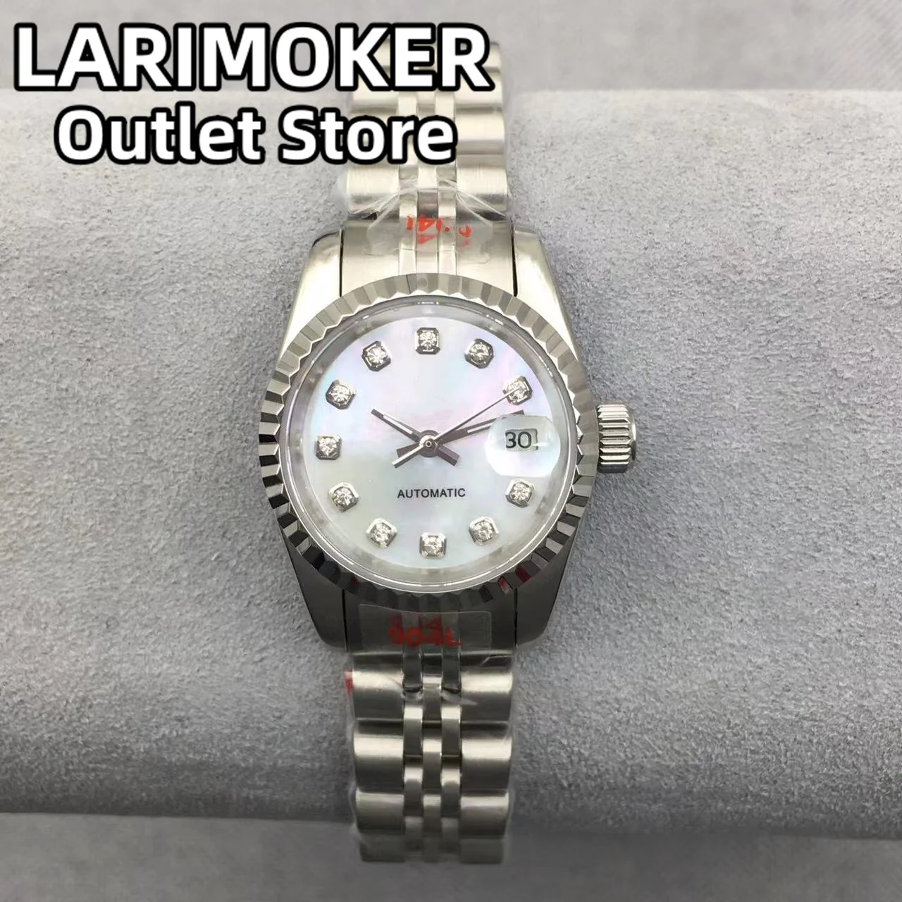 LARIMOKER Silver 26mm Mechanical Women\'s Watch White Pink Shell Dial Silver Gold RoseGold Index Sapphire Glass fit NH05 Movement