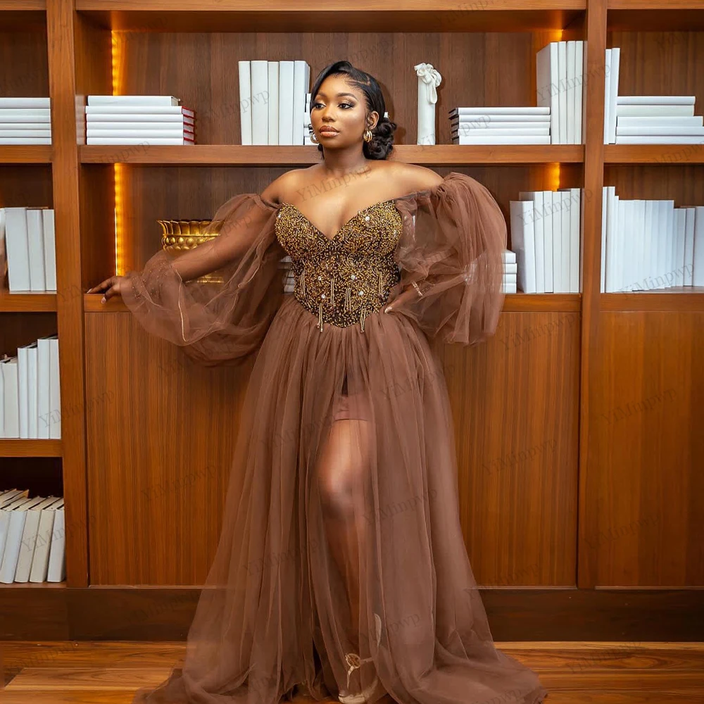 Brown Bride Robes Wedding Luxury Off Shoulder Puff Sleeve V-Neck Beaded African Bridal Robes Wedding For Photoshoot Customized