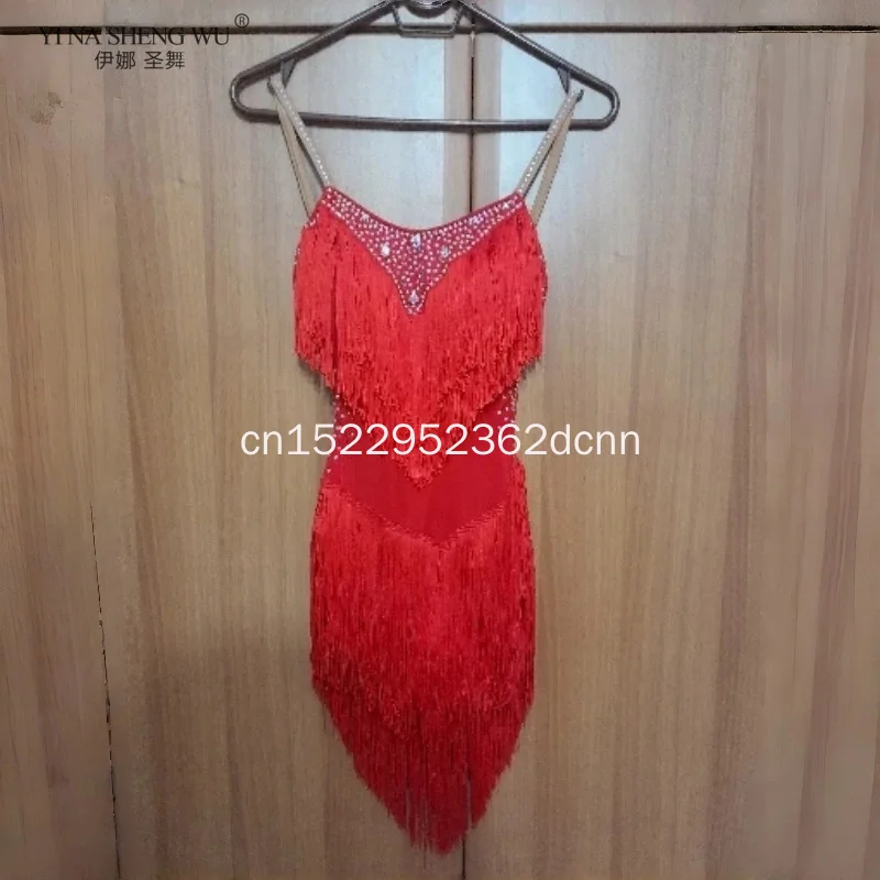 فستان الرقص اللاتيني أزياء المنافسة تنورة أداء أحجار الراين الكبار الأطفال شرابة ألوان مختلفة أحمر برتقالي أزرق وردي