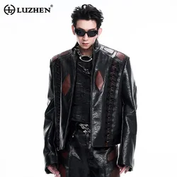 LUZHEN Faux Leather Coat Pleated Color Contrast Design Streetwear Motorcycle Personalized Punk Thick Color Contrast Pants LZ6948