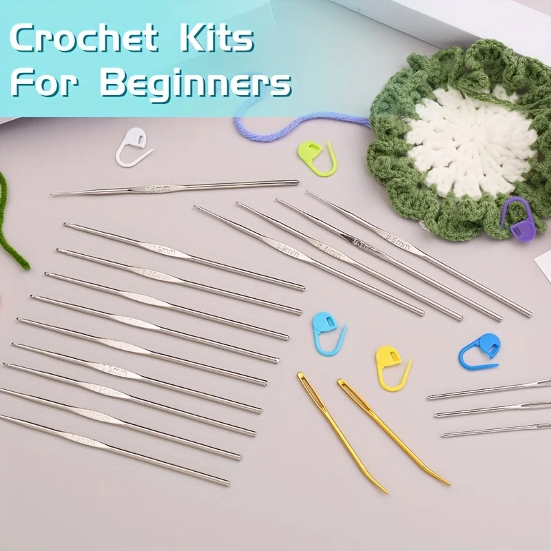 Crochet Hook (0.5-1.9 mm), Crochet Hook Set with Large Eye Yarn Needles and Marker Clips, (Random Color)