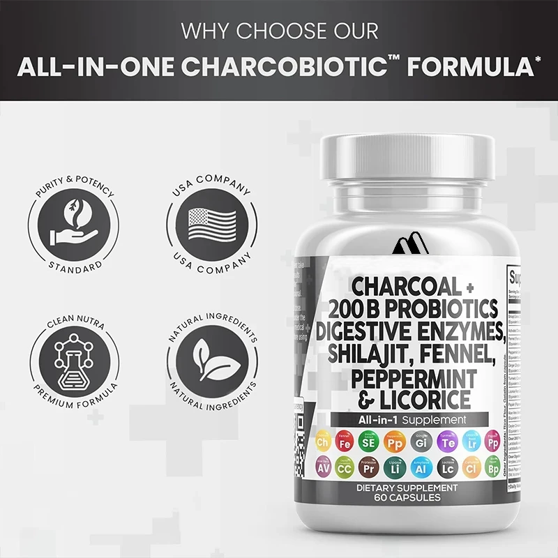 Activated Carbon Capsule Shilajit Pill Probiotics+digestive Enzymes, Peppermint Fennel, Licorice, Papain, Turmeric