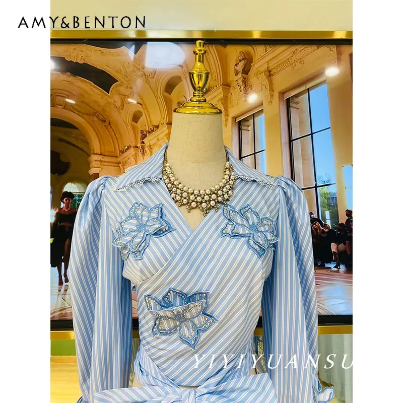 Fashion Casual Blue Striped Slim Long Sleeve Shirt High Sense Three-dimensional Flower Bow Rhinestone Lace Bubble Sleeve Shirts