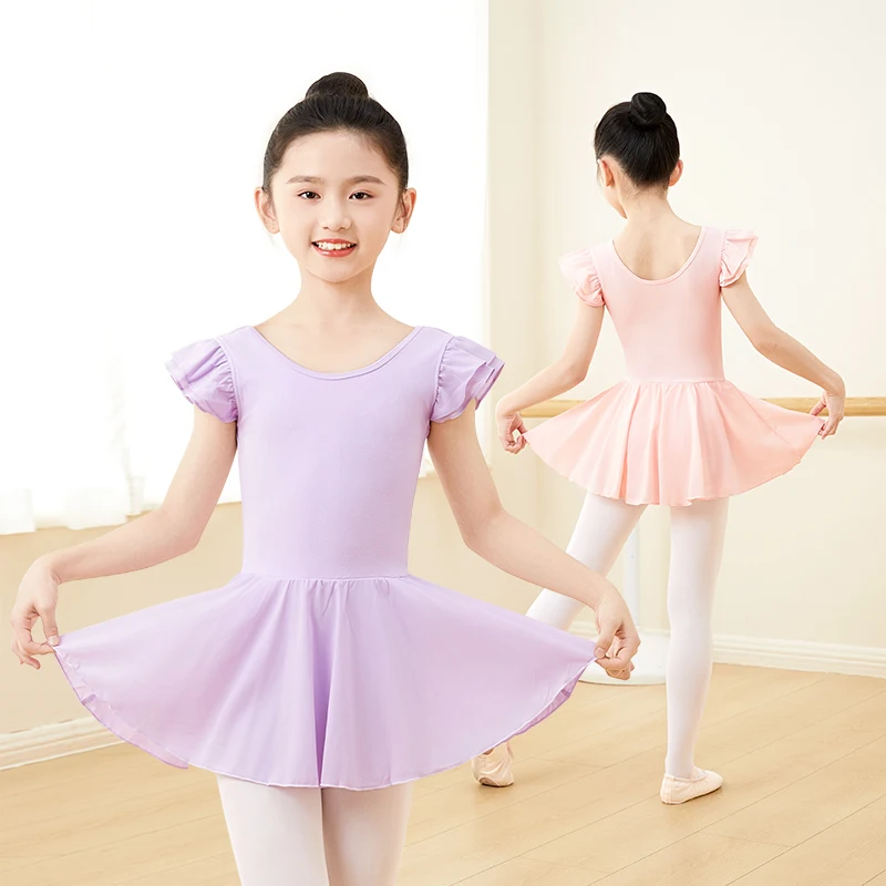 Kids Girls Ballet Leotards Soft Lined Ballet Dance Bodysuit Ruffle Sleeve Gymnastics Leotards Child Cute Dance Dress