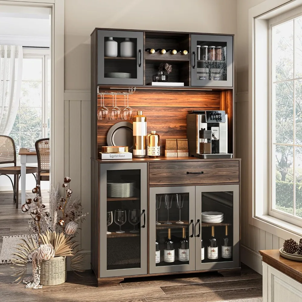 

71" Pantry Cabinet, Coffee Bar Storage Cabinet with Charging Station & LED Lights, Tall Kitchen Hutch Food Pantry Cabinet