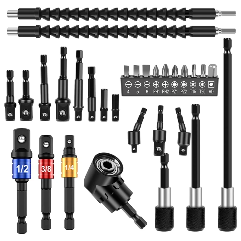 30Pcs Flexible Drill Bit Extension Kit,Right Angle Drill Attachmen,Rotatable Socket Adapter,Bendable Extender Drill Bit