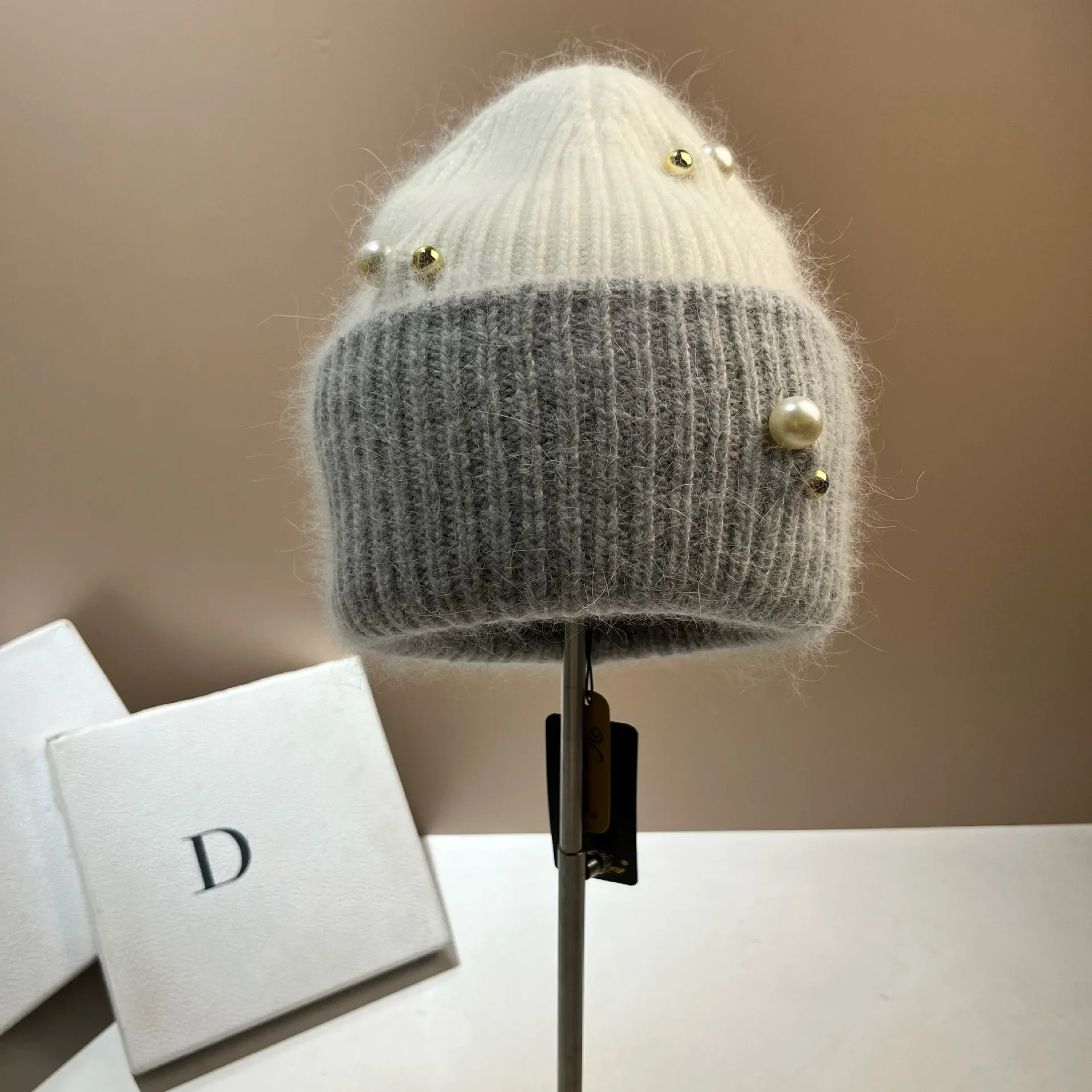 Wintertweed Style Pearl Color Block Warm Knit Hat Thickened Double Layer Angora Rabbit Fur Hat Breathable For Cold Northern Regi