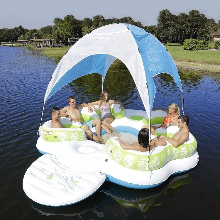 Customized Large Water Sunshade Floating Lounger Inflatable Multi-person Pool Floating Island 6-person