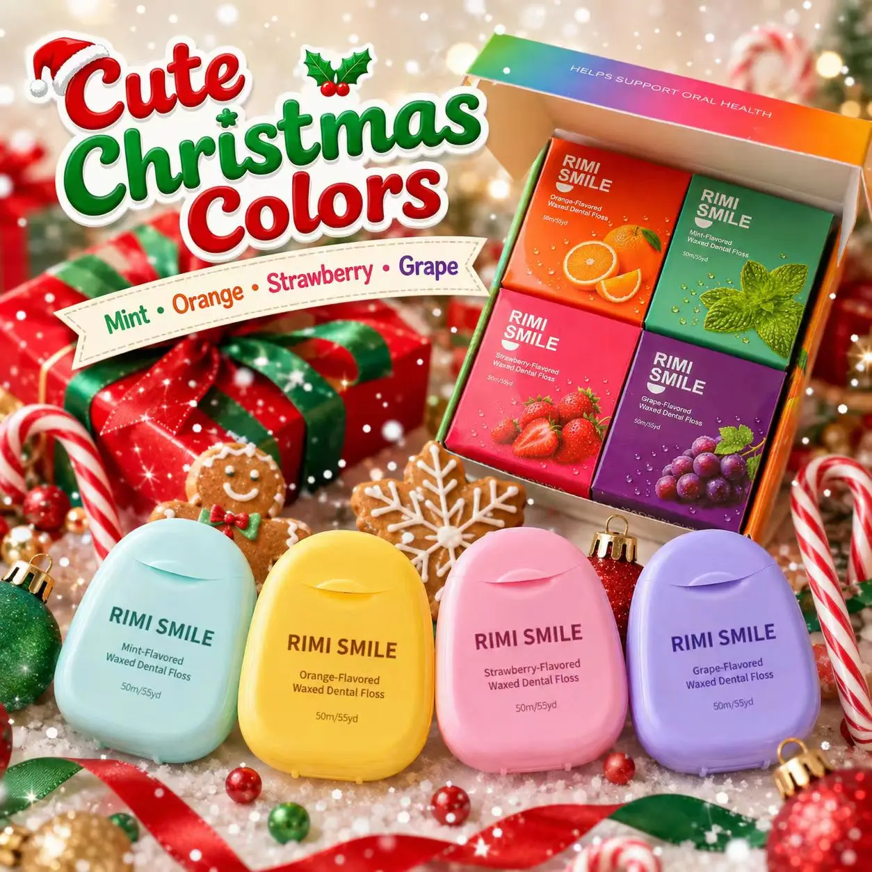 Fruit Flavored Dental Floss Roll Gift Pack, 4 Pack Strawberry Orange Grape Mint, 50M/YD Portable Box for Home Travel Teeth Clean