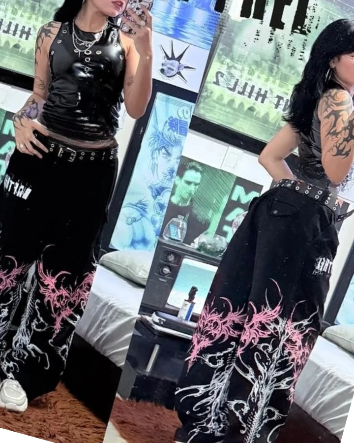 Y2K Hip-hop Gothic High Street Harajuku Baggy Straight Wide Legs Men Rock Dark Pink New American Retro Oversized Jeans Women