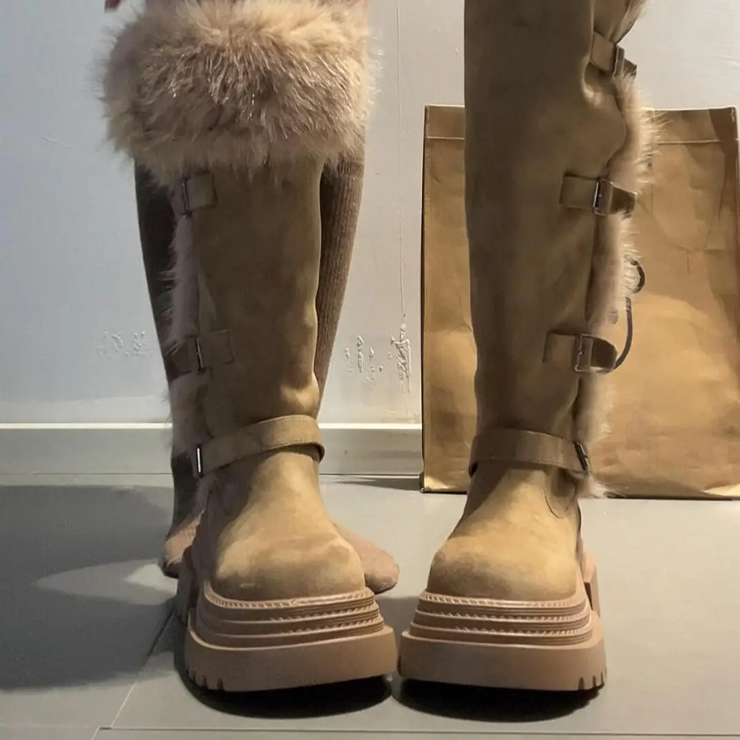 

Fashionable Fleece Lined Thick Heel Belt Buckle Short Knee Winter Boots Women's Autumn Winter Vintage High Tube Fashion Boots
