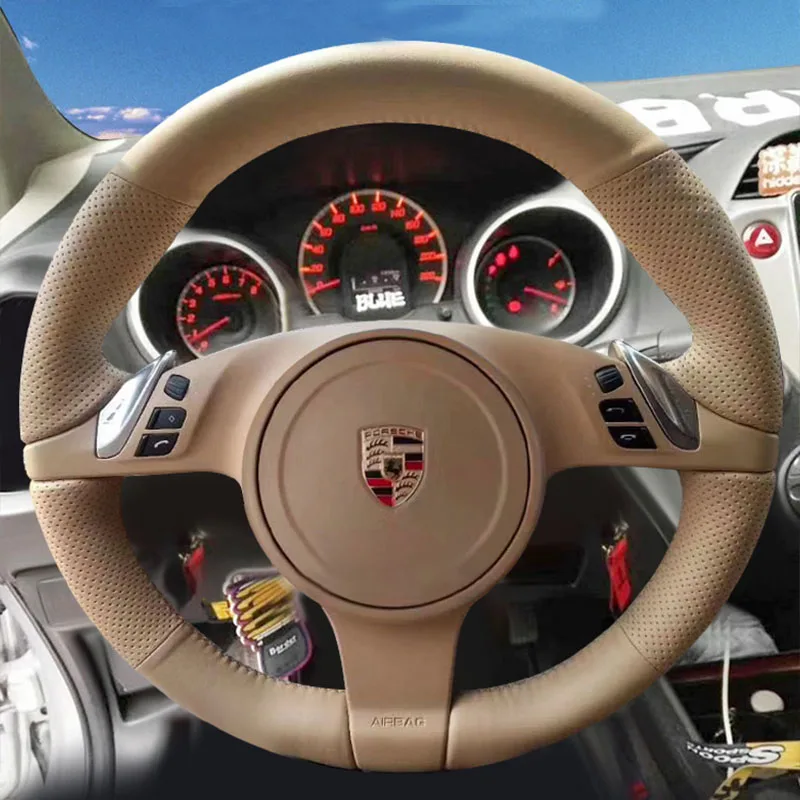 Dla Porsche Cayenne Panamera 2010-2012 Ręcznie szyta beżowa skórzana antypoślizgowa osłona kierownicy samochodowej
