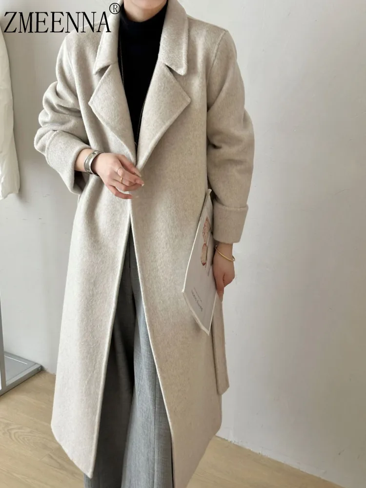 

ZMEENNA Women's Wool Blend Long Coat Elegant Open Front Winter Jacket With Wide Notch Lapel Casual Outerwear ZM3642
