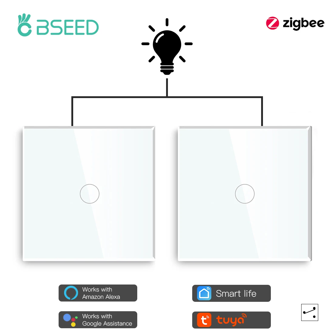 

BSEED Wall Zigbee Switches Smart Light Switch 1Gang 2Way Staircase Work With Tuya Alexa Smart Life App Single Live Wire 2Pack