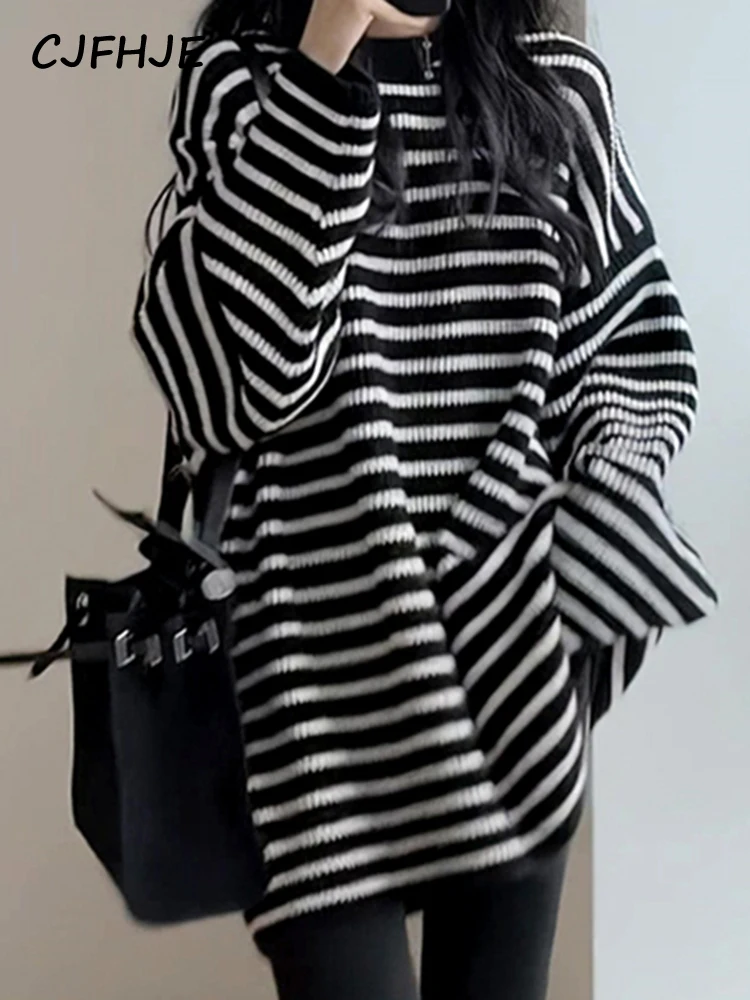 CJFHJE Striped Black O-neck Long Pullovers Women Casual Fashion Preppy Style Sweaters Female Long Sleeve Classic Loose Pullover